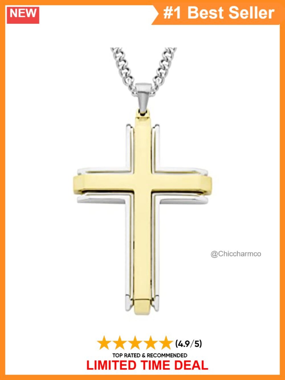 Men's Yellow Plated Steel 2.25" Cross 24" Necklace Religious Pendant
